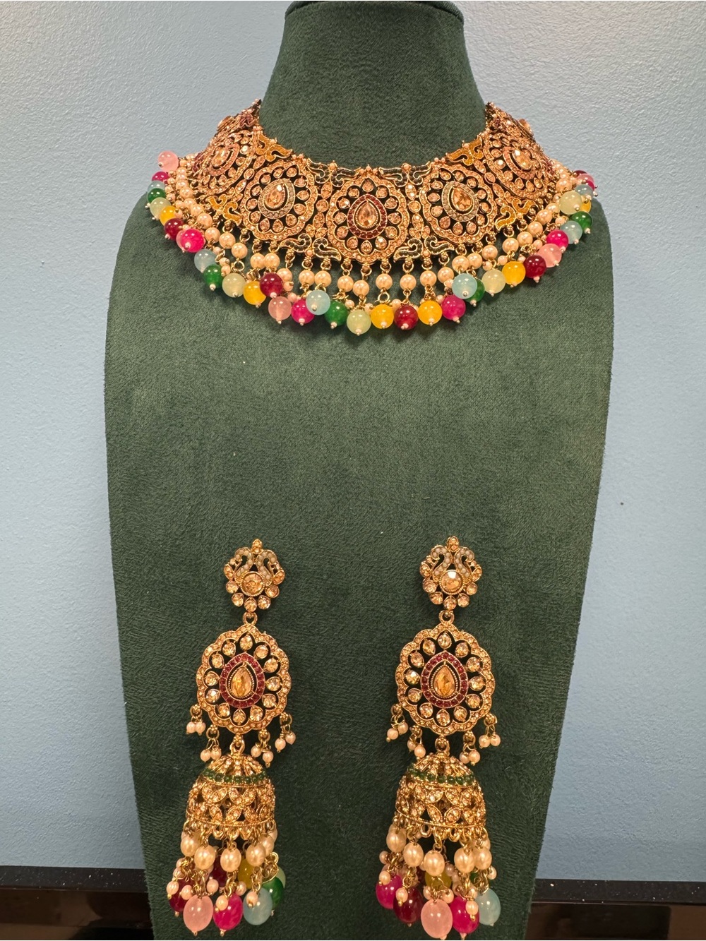 Fashion Jewelry Gold-Tone Multicolor Beaded  Necklace with Jhumka Earrings